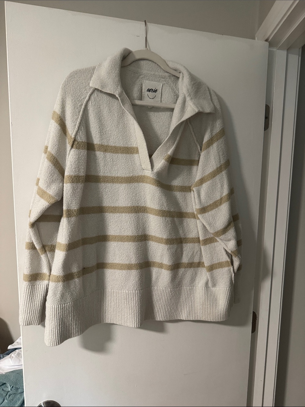 aerie Cream Sweater with Tan Stripes V-Neck Pullover